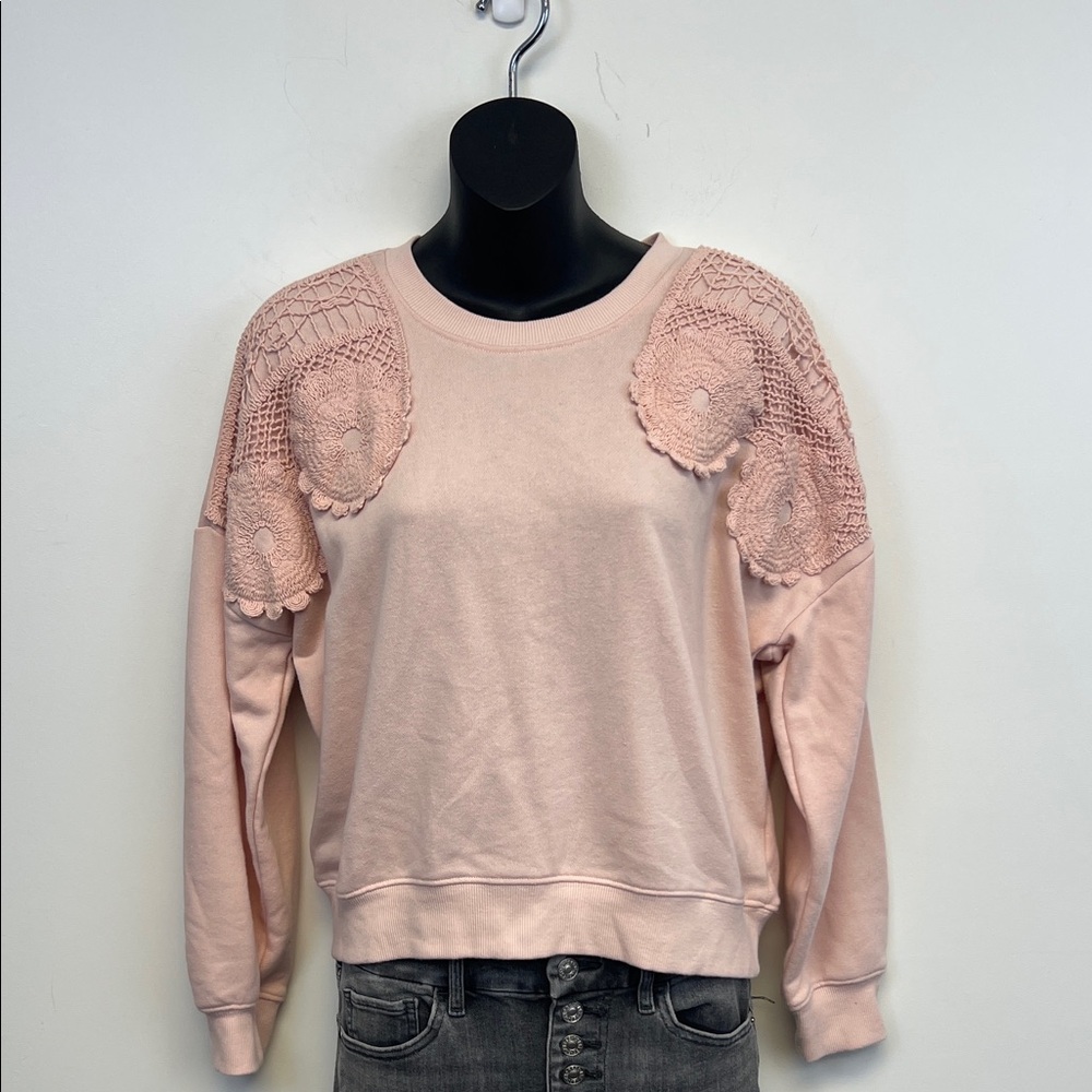C&C California Peach Cottagecore Sweatshirt with Crochet Flower Detail Size M
